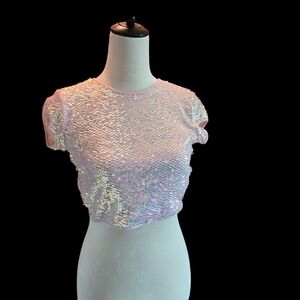 Forever 21 Iridescent Pink Sequin Crop Top  Cap Sleeves Tie Back Peekaboo Back